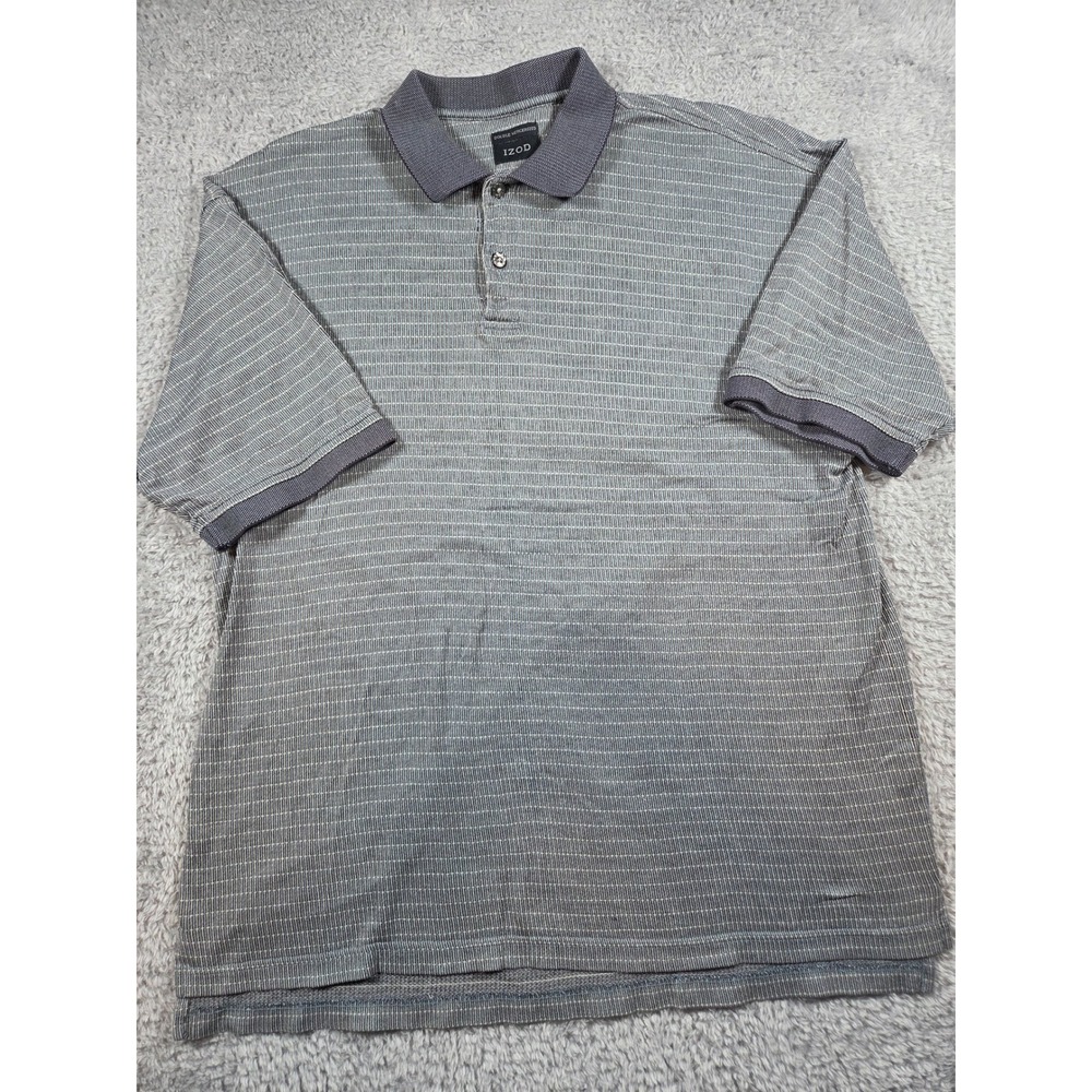 IZOD Polo Shirt Size M Grey Mens Double Mercerized Textured Stripe Short Sleeve